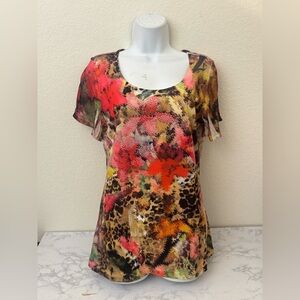 JM Collection Sz S Embellished Beaded Floral Print Tunic Top Blouse Pullover